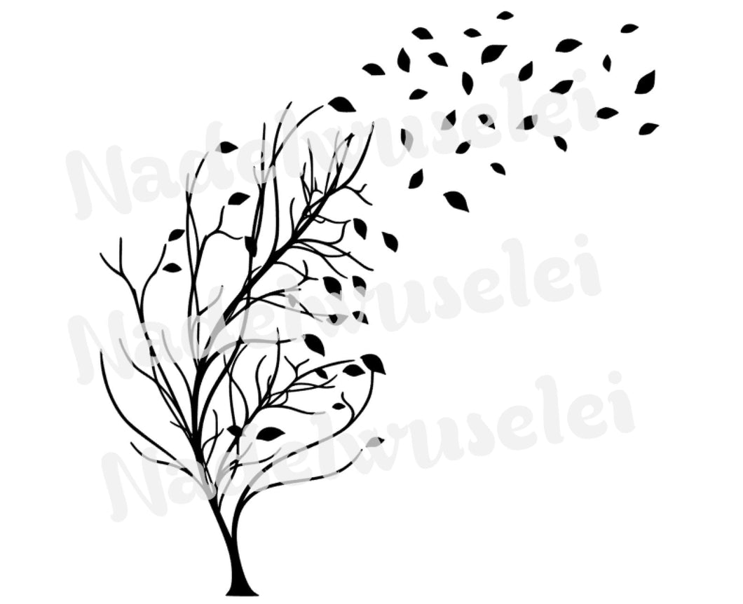 Plottervorlage Baum fliegende Blätter Plotterdatei SVG, PNG, DXF