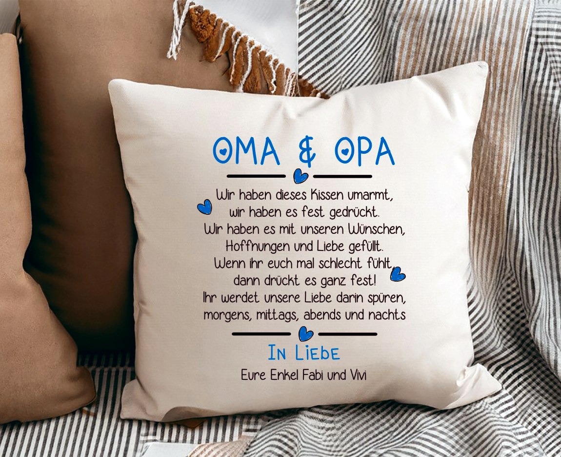 Kissen- Oma & Opa Wir haben dieses Kissen Umarmt In Liebe Eure Enkel Individuell mit Namen BLAU