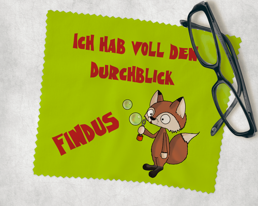 Brillenputztuch in grün mit einem Comic Fuchs der Seifenblasen pustet und dem Text Ich hab voll den Durchblick und eurem Wunschnamen