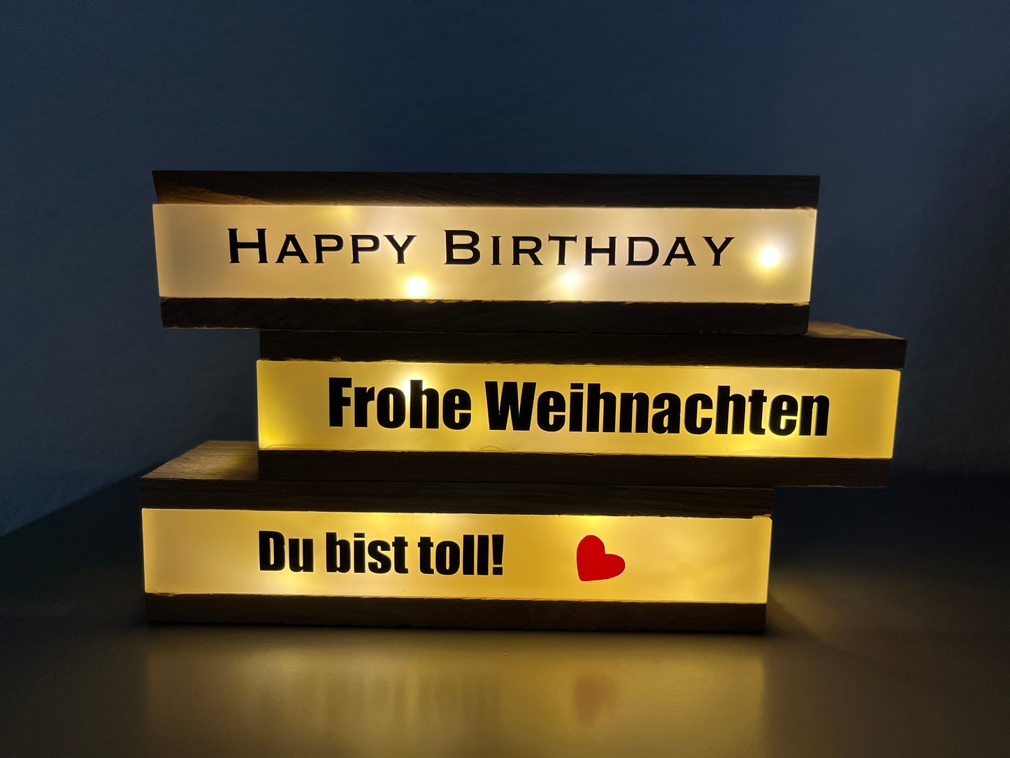 Lichtleiste LED Acryl Frohe Weihnachten Happy Birthday Du bist toll