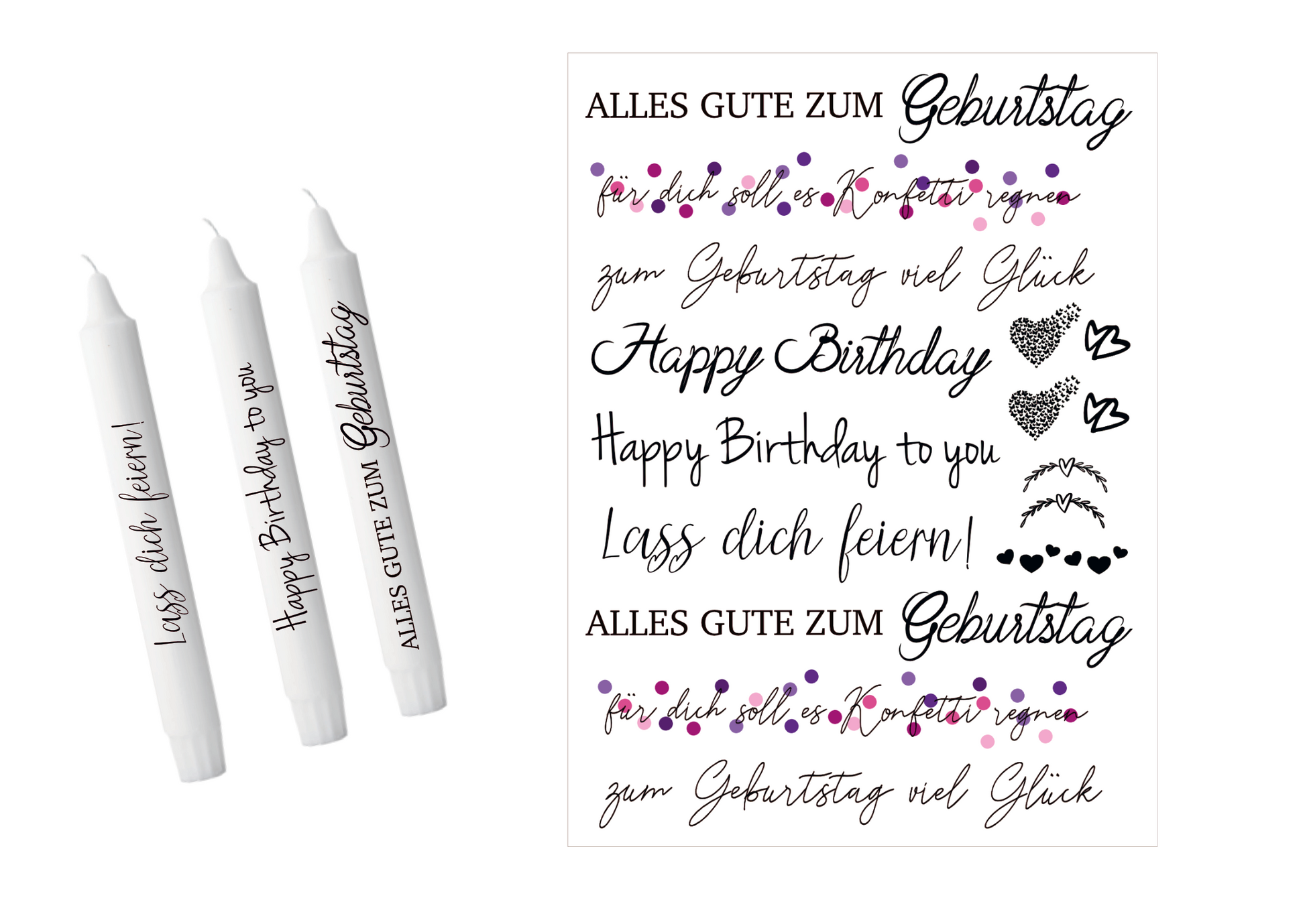 Kerzenfolie mit Aufdruck Alles gute zum Geburtstag, Happy Birthday, für dich soll es Konfetti regnen und Herzen