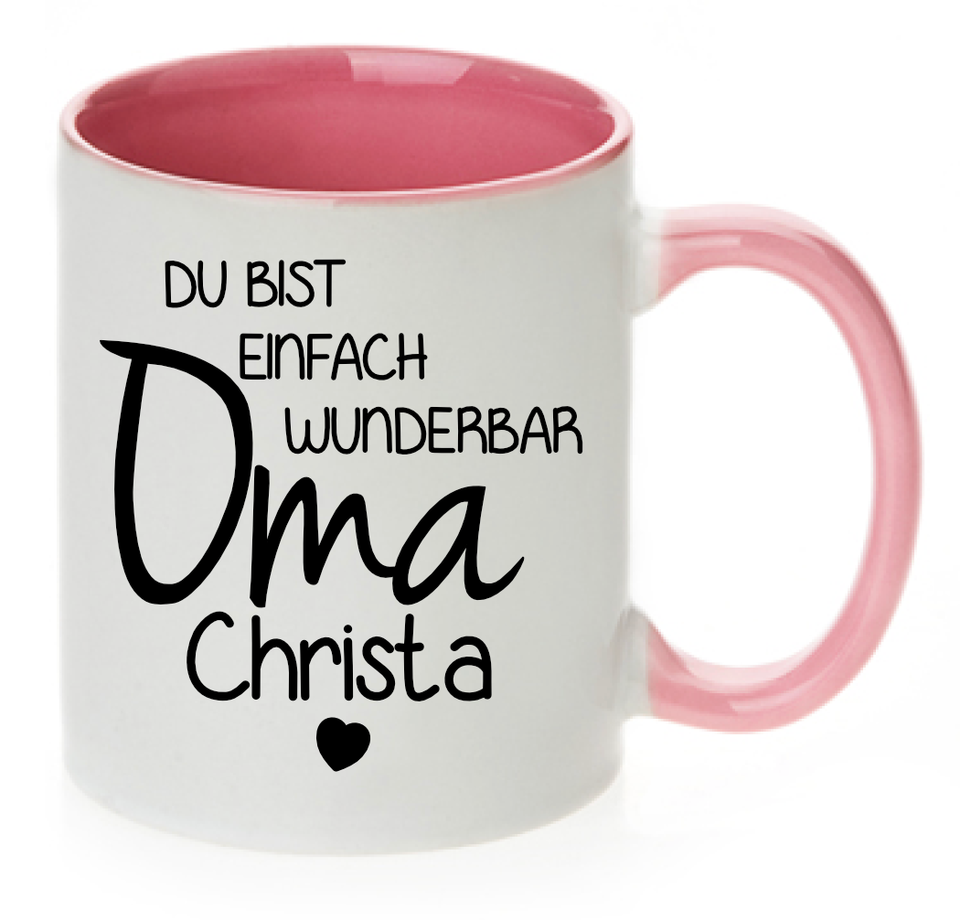 Rosa Tasse mit Spruch Du bist einfach wunderbar Oma und dem Wunschnamen darunter mit schwarzem Herz