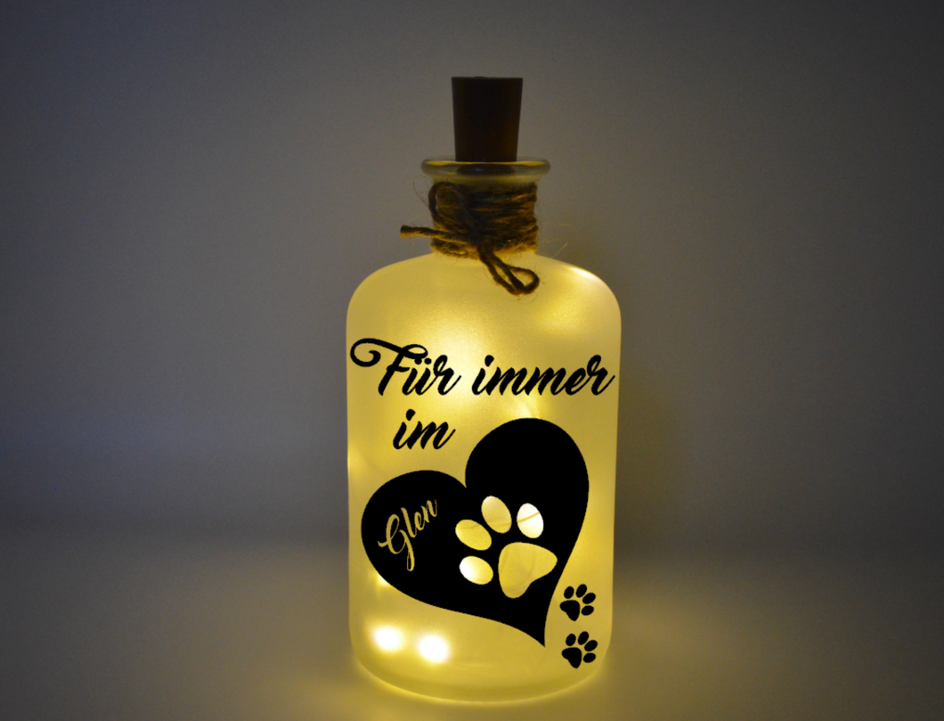 Flaschenlicht Für immer im Herzen Pfote Hund Trauerlicht Erinnerung Name