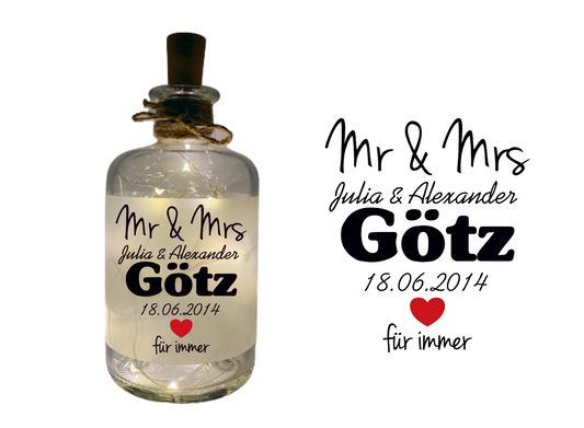 Flaschenlicht Banderole Mr. & Mrs. mit Name und Datum personalisiert