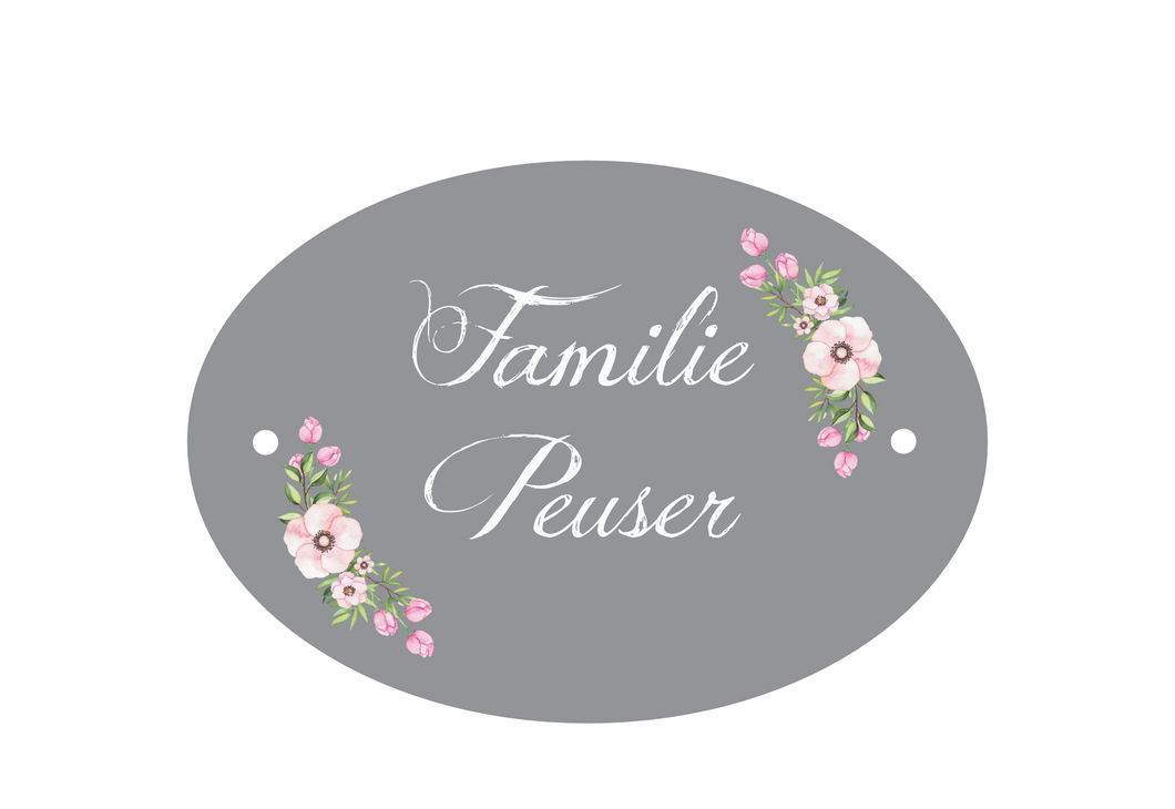 Türschild Familie Peuser Blumen grau personalisiert