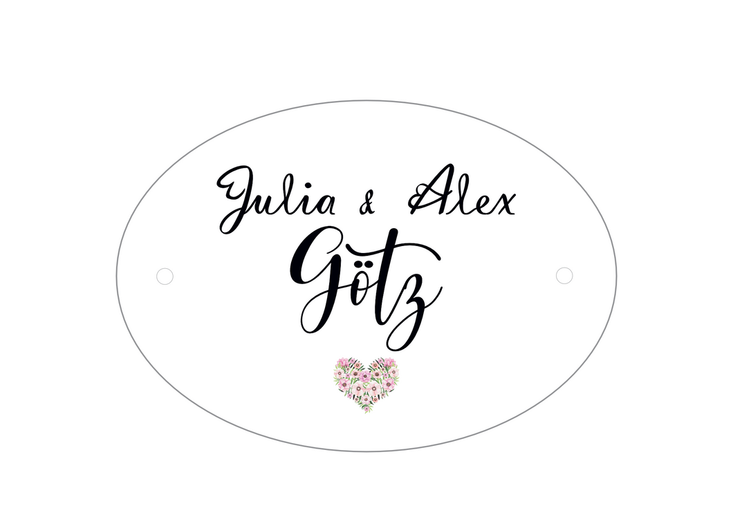 Türschild Julia & Alex Götz mit Blumen Herz personalisiert