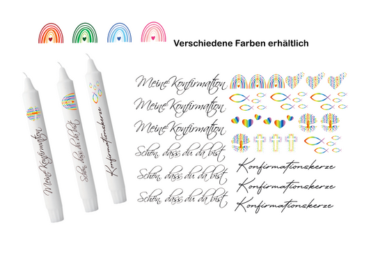 Kerzenfolie mit Aufdruck Meine Konfirmation, Schön, dass es dich gibt, Konfirmationskerze und Herzen, Fische, Kreuze als kleine Motive in verschiedenen Farben erhältlich