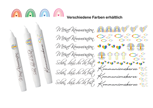 Kerzenfolie mit dem Aufdruck Meine Kommunion, Schön, dass du da bist, Kommunionskerze und kleinen Motiven Regenbogen, Herzen, Kreuze und Fische in verschiedenen Farben erhältlich