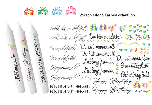 Kerzenfolie mit verschiedenen aufdrucken. Hier mit Schön, dass es dich gibt, Du bist wunderbar, Du bist wundervoll, Geburtstagslicht Herzen, Regenbogen und co. in verschiedenen Farben erhältlich