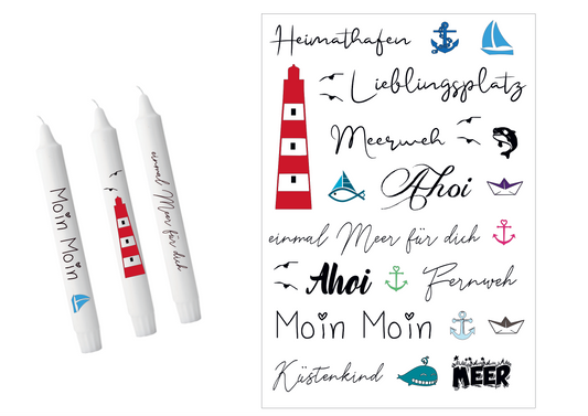 Kerzenfolie in Maritimen Look, hier mit Heimathafen, Lieblingsplatz, Meerweh, Ahoi, Moin Moin und verschiedenen kleinen Motiven wie Leuchtturm, Anker, Boot