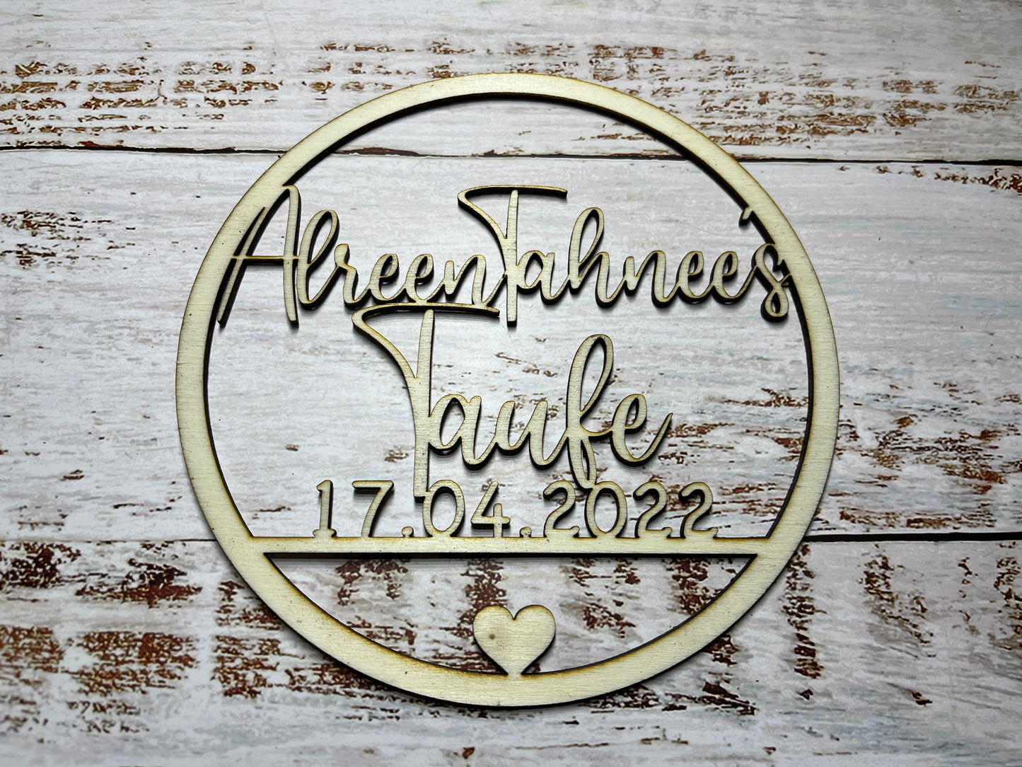 Holz Taufe Name Datum Cake Topper Herz personalisiert